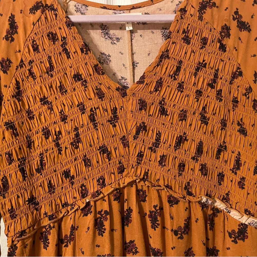Smocked Mustard yellow with burgundy flowers